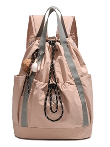 Zaino in nylon rosa con coulisse cinghie grigie e tasche laterali per sport e viaggi