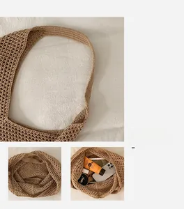 Detail shot of hand-woven straw tote bag showing hollow texture and large inner capacity