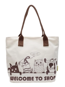 Sac fourre-tout en toile avec animaux de dessin animé et anses marron pour le quotidien