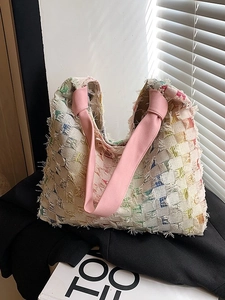 Large Capacity Denim Checkerboard Tote Bag For Women Fringed Edge Contrast Color Shoulder Bag Casual Hobo Commuting Travel Handbag