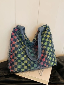 Large capacity colorful checkered denim tote bag with fringed edges for casual daily use