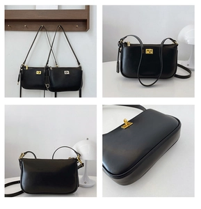 Detail views of black leather crossbody bag showing metal lock and stitching
