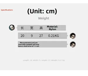 Size chart for lightweight nylon backpack showing dimensions 20x9x27cm and weight 0.21kg