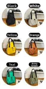 Collage of multi-color drawstring backpacks in nylon with top handles and side pockets