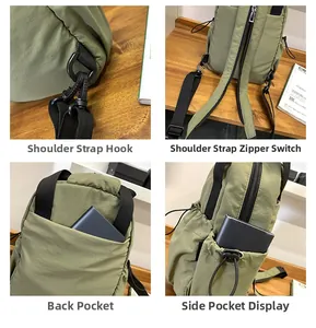 Detail view of military green tactical chest bag featuring zippered switchable straps