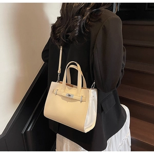 Vista dettagliata della borsa a trapezio beige con chiusura a scatto in argento e pelle