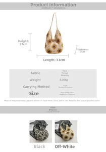 Detail view of sunflower crochet bag with specifications and color options