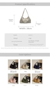 Detailed spec sheet showing dimensions and six color options for the large canvas tote bag