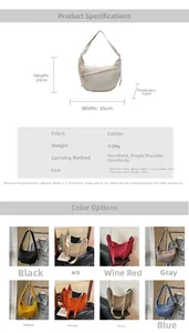 Size guide for lightweight nylon dumpling bag showing dimensions and crossbody strap detail