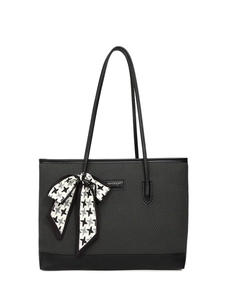 Large dark grey tote bag for women with black leather straps and houndstooth ribbon