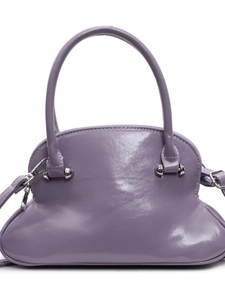 Glossy purple shell-shaped handbag with dual handles and detachable shoulder strap