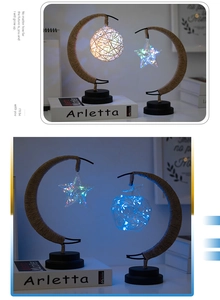 Detail of moon-shaped lamp with rattan ball and star pendants in warm and cool lighting