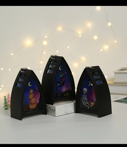 Detail of Halloween LED lanterns featuring pumpkin, witch, and skeleton Gothic designs