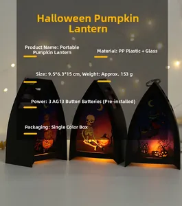 Close-up of three Halloween lanterns with pumpkin, skeleton, and witch graphics