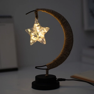 Star and moon desk lamp with hemp rope iron frame and warm LED decorative lighting