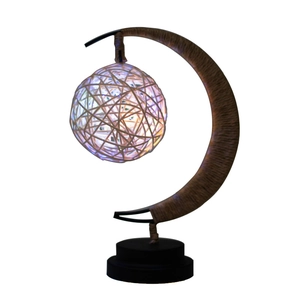 Creative moon-shaped desk lamp with handmade hemp rope and glowing rattan ball light
