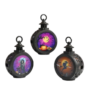 Set of 3 Halloween LED lanterns with pumpkin, grim reaper and witch designs on white background