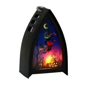 Halloween LED lantern with witch and pumpkin scene, black arched portable light ornament