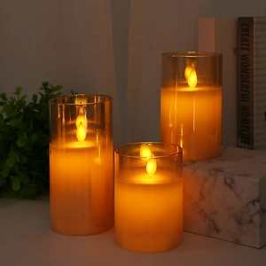 Set di 3 candele LED a fiamma oscillante in vetro ambrato per decorazione domestica