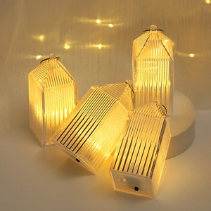 LED House Lantern Plastic Ribbed Warm Light Christmas Tree Hanging Ornament Festive Home Decoration Gift Crystal Look Lamp