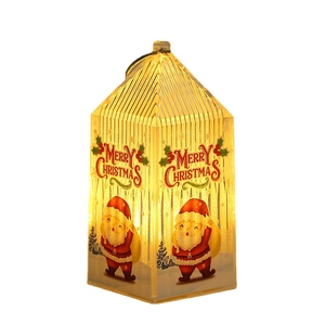 Hanging LED Christmas lantern with Santa Claus print and warm yellow festive lighting