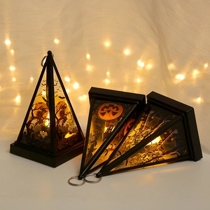 Set of three pyramid Halloween LED lanterns featuring witch, pumpkin and skull designs