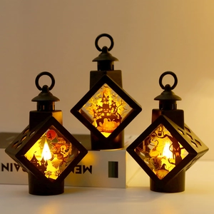 Halloween Retro LED Lantern Decoration Hanging Plastic Glass Lamp For Party Home Ornament Pumpkin Witch Scarecrow Pattern