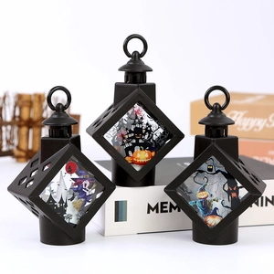 Three-piece set of black Halloween LED lanterns featuring witch, pumpkin, and ghost designs