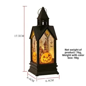 Halloween LED lantaarn met pompoen en kasteel silhouet 17,5cm hoogte decoratie