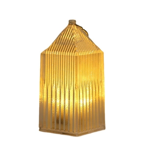 Miniature house-shaped amber LED candle lantern with vertical prism texture for Christmas decor