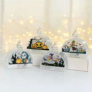 Close-up of four Halloween decorative lantern lights with pumpkin and ghost illustrations