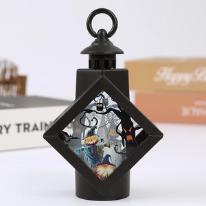 Detail of Halloween lantern with pumpkin scarecrow illustration and black frame design