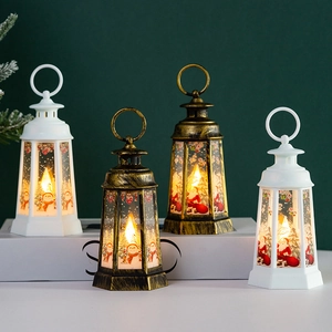 Retro Christmas lanterns with LED candles featuring Santa and Snowman holiday patterns