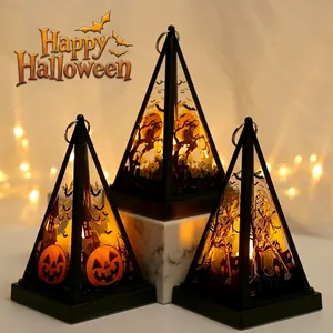 Halloween LED Pyramid Lantern Pumpkin Witch Skeleton Night Light Battery Operated Party Table Decoration Warm Glow Ornament