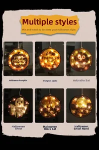 Detail of Halloween LED hanging lights featuring pumpkin, castle, and bat designs