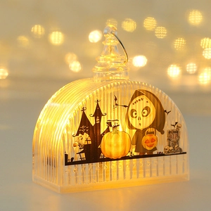 Close-up of Halloween LED lantern featuring festive pumpkin and castle illustrations