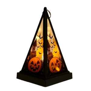 Pyramid Halloween LED lantern with pumpkin and bat patterns and warm yellow glow