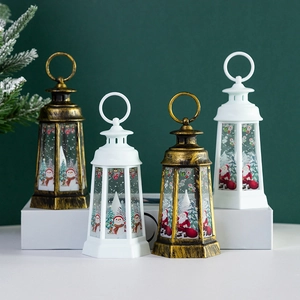 Retro Christmas lantern decorations with Santa Claus and Snowman prints in gold and white