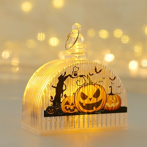 Macro detail of LED Halloween lantern featuring pumpkin and bat prints with a metal ring