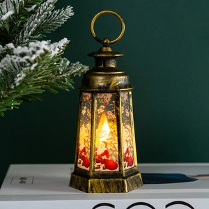 Vintage bronze Christmas lantern with Santa Claus pattern and warm LED candlelight glow