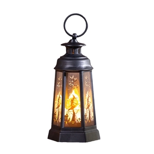 Retro Halloween lantern with warm LED light featuring witch and pumpkin silhouettes