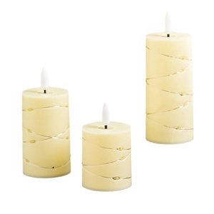Three-piece LED flameless candle set with copper wire string lights and warm fake flames