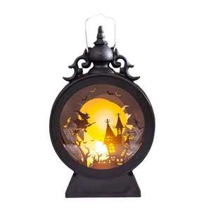 Halloween decorative round lantern with witch and castle silhouette and warm LED light