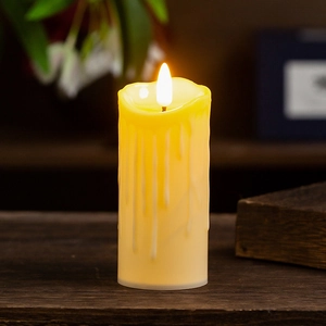 Detailed view of LED candle with realistic dripping wax texture and warm flame light