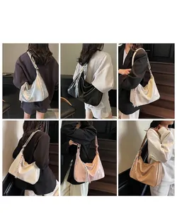Collage of large capacity hobo bags in silver black white pink and beige worn by model
