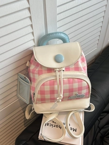 Mini pink checkered backpack with light blue accents and chic leather patch