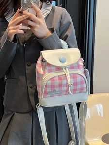 Pink and white checkered mini backpack for women with drawstring closure and leather detail