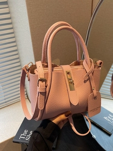 Women's Fashion Lychee Pattern PU Leather Bucket Bag Small Tote Crossbody Bag With Golden Lock And Shoulder Strap Casual Handbag