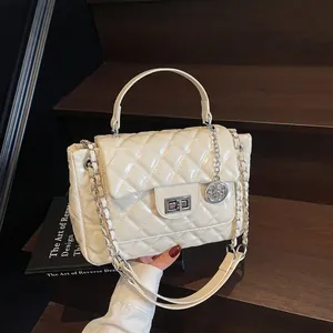 Women Quilted Chain Shoulder Bag Glossy PU Leather Handbag With Silver Twist Lock Square Crossbody Bag For Ladies Travel