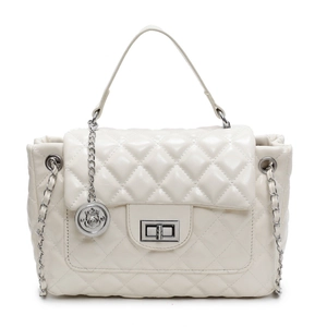 Elegant quilted white leather handbag with chain strap and gold twist-lock closure